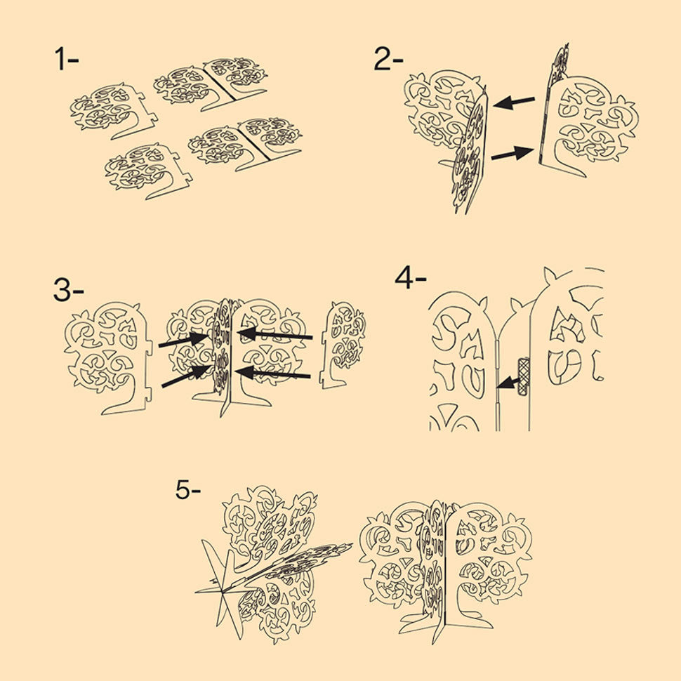 How to assemble:1. Take the tree out of the box and separate its four parts2. Connect the two bigger parts3 &amp; 4. Attach the smaller parts to them5. Ensure that your assembly is secure