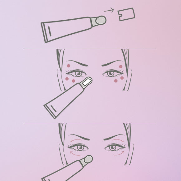 How to apply?&nbsp;Step 1) Ensure your skin is clean and dry before applying the product. Remove the cap by pulling it upwards.&nbsp;Step 2) Using the white tip of applicator, apply 2 drops of the product to the area below the eyes and 1 drop on each eyelid.&nbsp;&nbsp;Step 3) Switch to the side of the applicator with the metallic tip and massage the product into the skin using outward circular movements until it is fully absorbed.